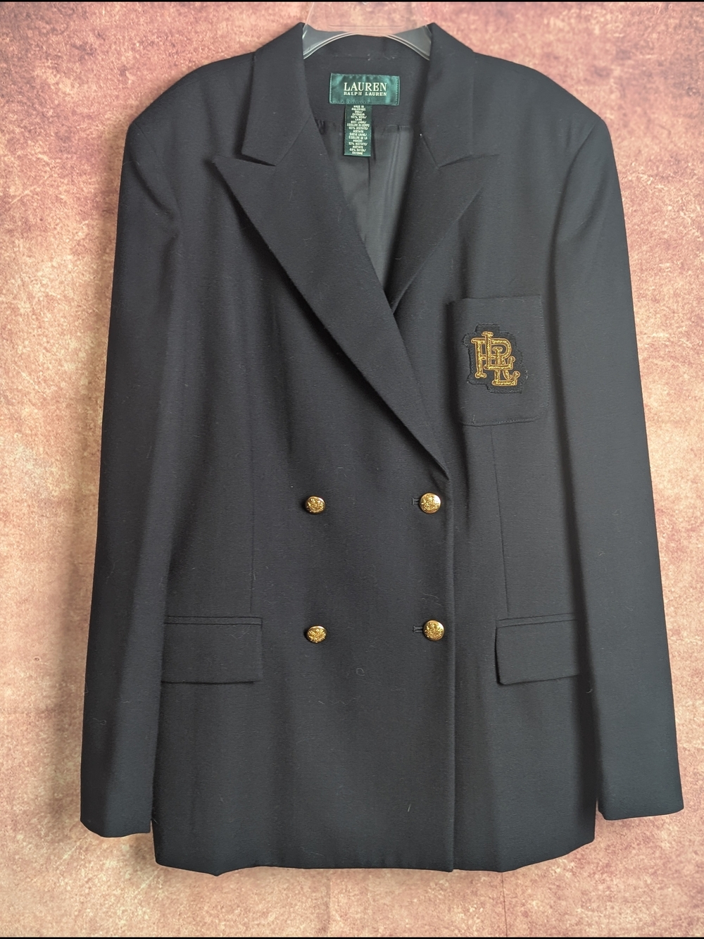 Lauren Ralph Lauren Black Wool Double Breasted Crest Blazer Gold Buttons